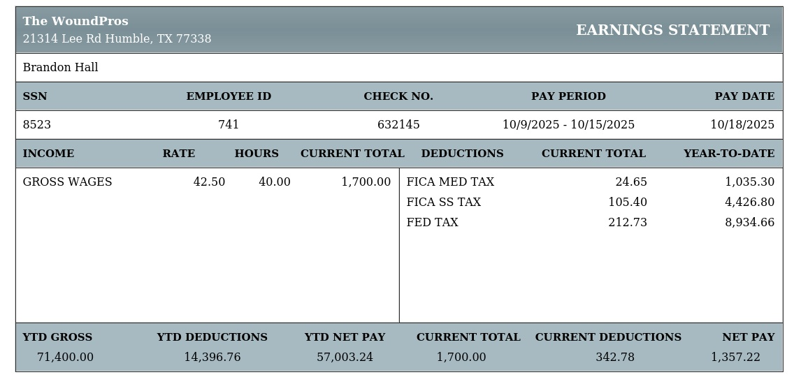 Texas sample pay stub showing gross wages, FICA deductions, and net pay
