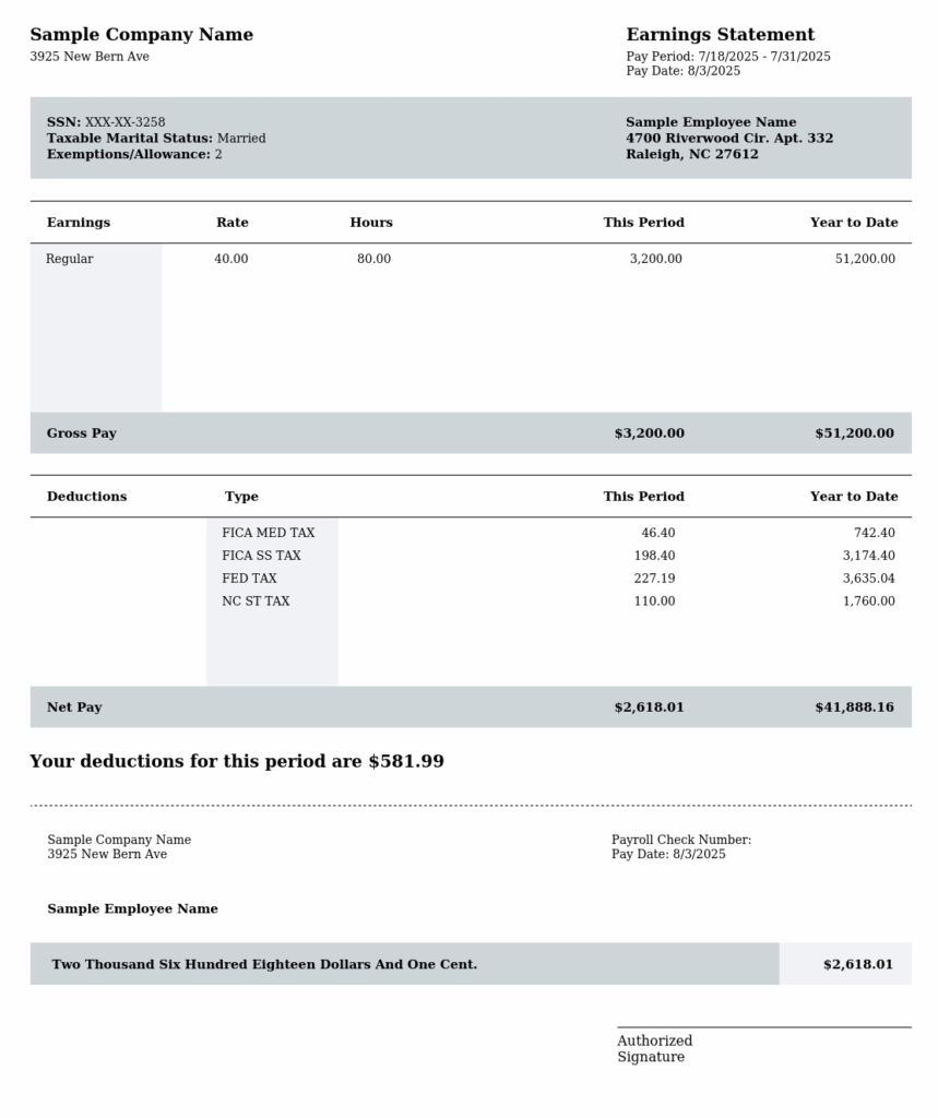 Sample North Carolina pay stub 2025 with deductions and net pay breakdown for salaried employee