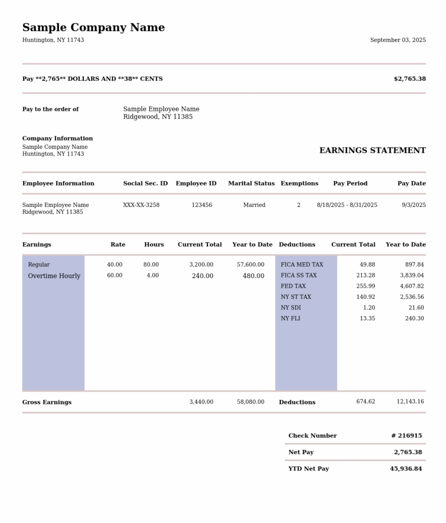 New York pay stub sample 2025 with federal and state tax deductions and net pay breakdown