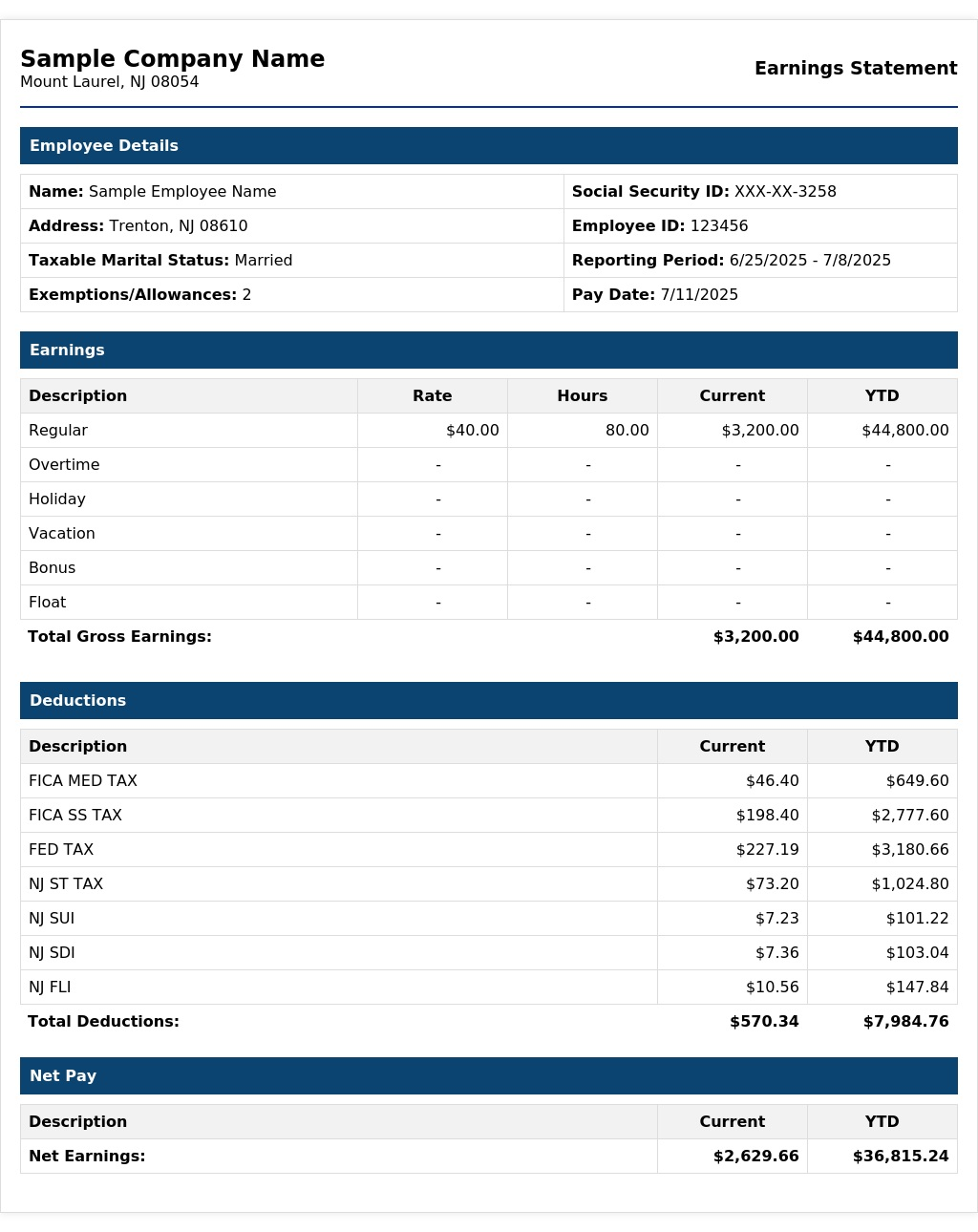 Sample US pay stub for 2025 with weekly earnings, deductions, and net pay