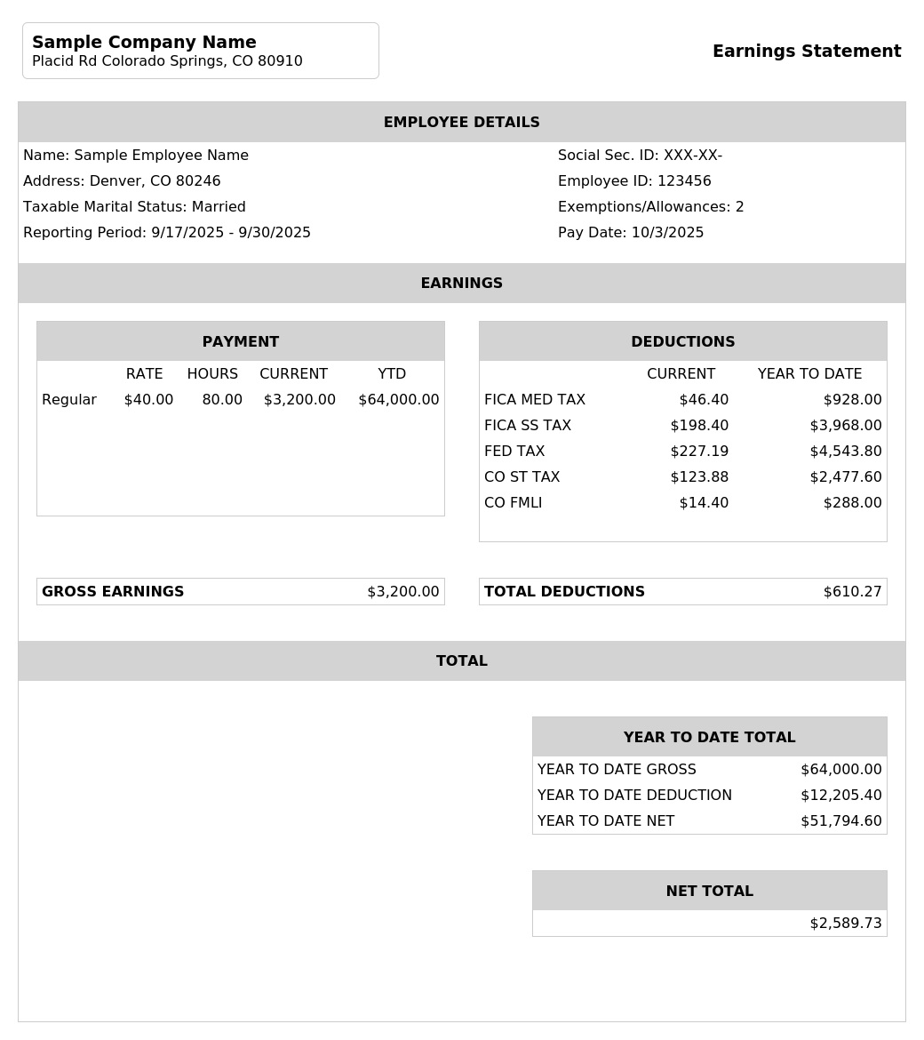 A free sample pay stub for US employees showing gross pay, taxes, and net pay.