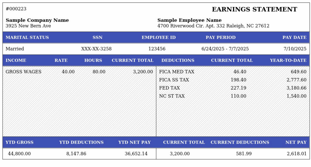 North Carolina pay stub sample for 2025 showing gross wages, FICA, federal and state deductions