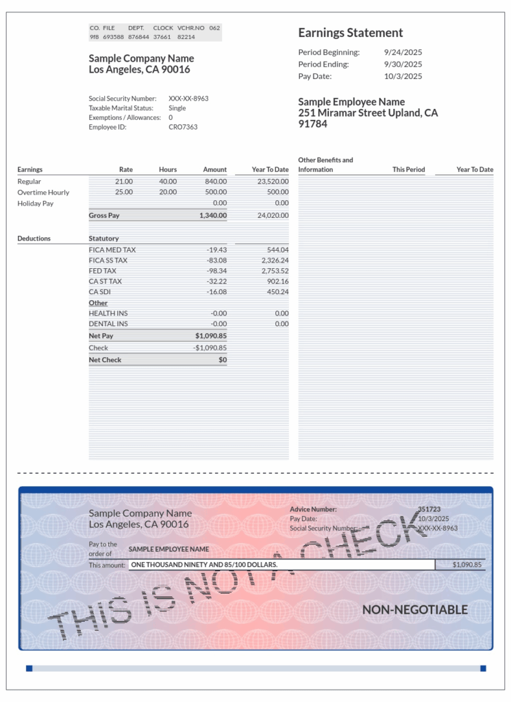 Detailed pay stub with itemized earnings, deductions, and attached non-negotiable check